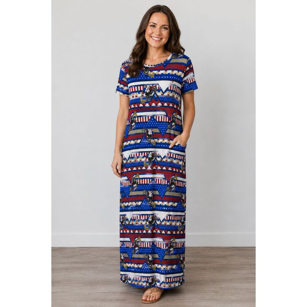 LuLaRoe Maria Dress L Patriotic Motorcycle Flag Print Maxi Dress NWT USA Theme